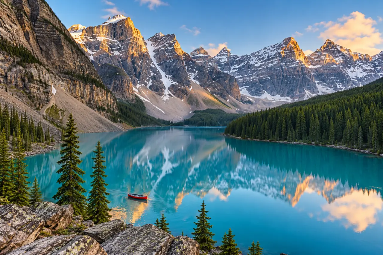 AI-generated view of turquoise Moraine Lake and the Canadian Rocky Mountains